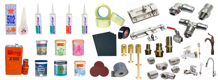 Keo, sơn, giấy nh&aacute;m, bản lề, chốt cửa, van nước